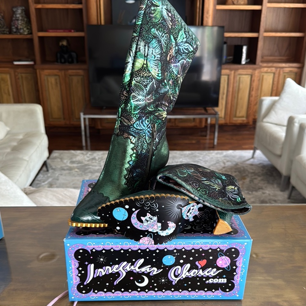 Irregular Choice “Crinkle Cut” Teal and Black Butterfly Boots
